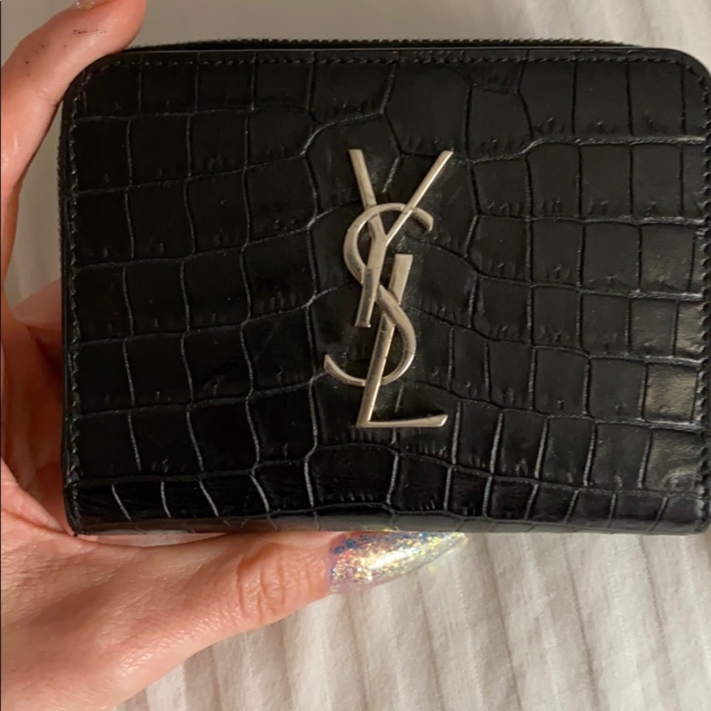 Saint Laurent YSL Black Shiny Croc Zip Wallet